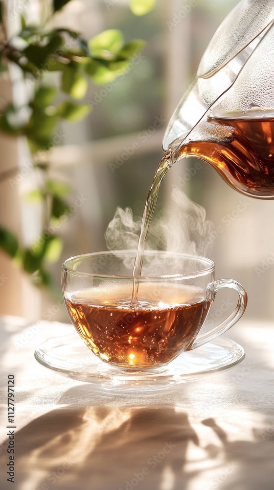 Fototapeta premium pouring steamy tea into a glass tea cup on a table with a white tablecloth