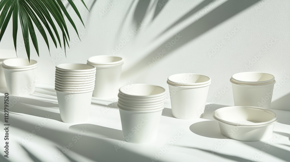 Biodegradable paper cups and plates on a minimal surface, showcasing eco-friendly packaging and disposable materials for a zero-waste, sustainable environment. Biodegradable paper cups and plates on a minimal surface, showcasing eco-friendly packaging and disposable materials for a zero-waste, sustainable environment.
