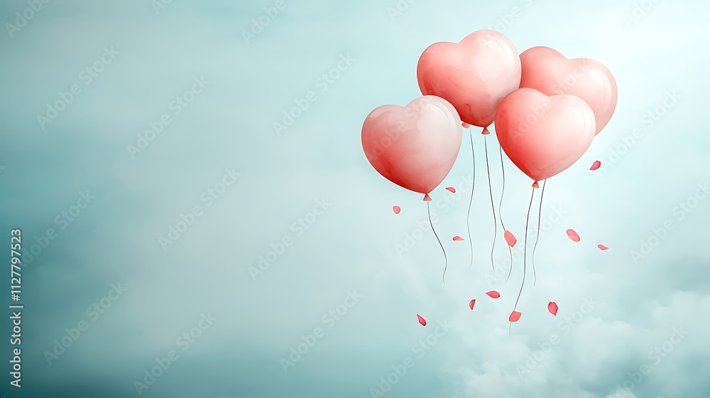 Festive heart balloons floating in the sky romantic atmosphere digital art whimsical viewpoint Festive heart balloons floating in the sky romantic atmosphere digital art whimsical viewpoint