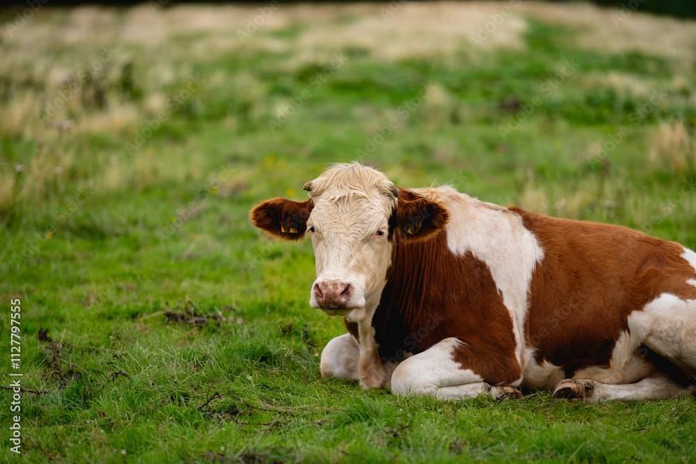 Brown grazing cow. Hereford cows at field. Countryside landscape and pasture for cows. Cow herd in the countryside. Cows on farmland. Cow face closeup. Grazing cow at green pasture. Brown grazing cow. Hereford cows at field. Countryside landscape and pasture for cows. Cow herd in the countryside. Cows on farmland. Cow face closeup. Grazing cow at green pasture.