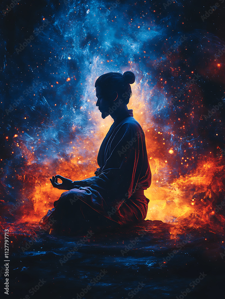 Meditative Serenity: A Silhouette of a Monk Amidst a Cosmic Fire and Nebula Meditative Serenity: A Silhouette of a Monk Amidst a Cosmic Fire and Nebula