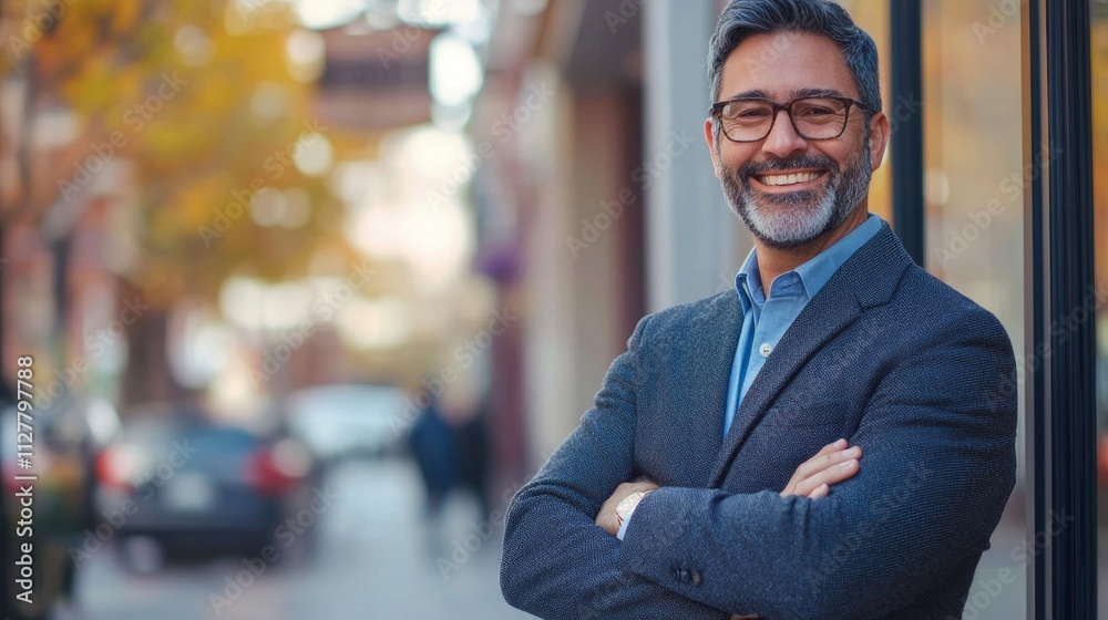 A mature businessman stands with arms crossed, exuding confidence and warmth. The city street behind him is adorned with autumn foliage, creating a lively urban atmosphere