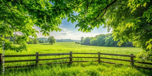 Lush Green Field with Wooden Fence Framed by Vibrant Leaves, Captivating Minimalist Photography for Nature Lovers and Landscape Enthusiasts