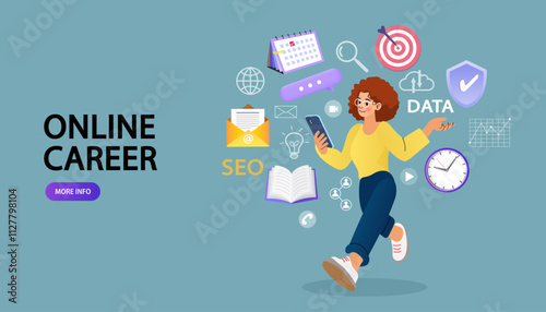 woman with network icons, social media concept. woman use smartphone, have icon business technology  around her. vector and illustration.