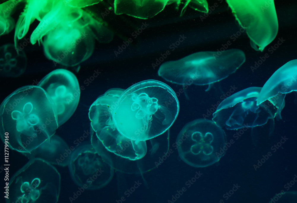 Beautiful jellyfish swim in an aquarium, close up Beautiful jellyfish swim in an aquarium, close up