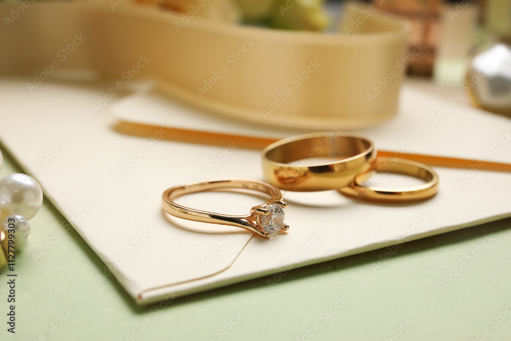 Engagement and wedding rings with envelope on green background, closeup