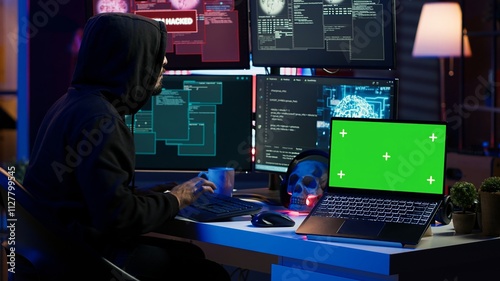 Green screen laptop used by hacker in underground hideout to write lines of code, developing virus that get past security systems. Chroma key device used by evil developer in hidden bunker, camera A