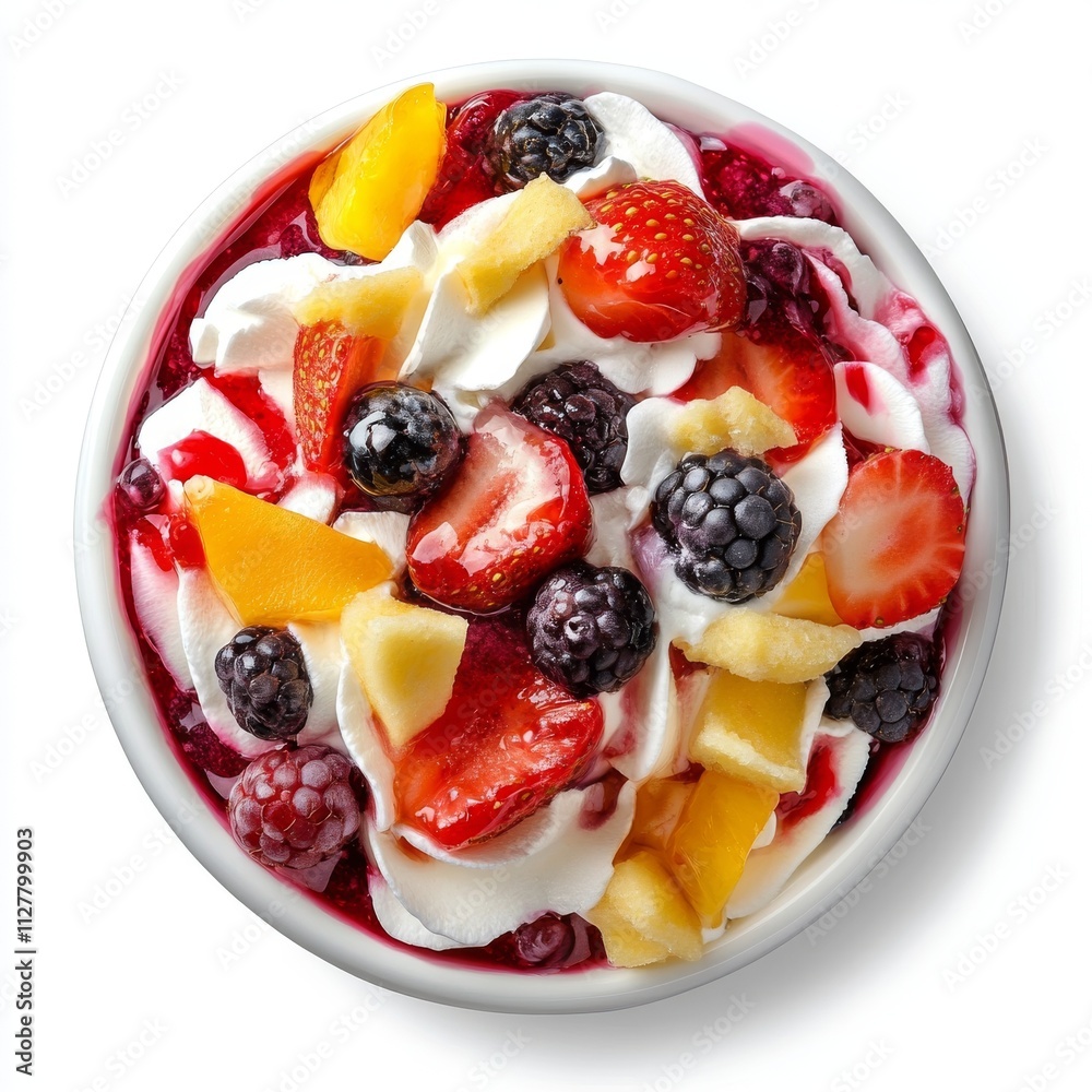 top view mixed fruits with whipping cream with berries, strawberry, and gel jelly in a white bowl with an isolated background. National Whipped Cream Day top view mixed fruits with whipping cream with berries, strawberry, and gel jelly in a white bowl with an isolated background. National Whipped Cream Day