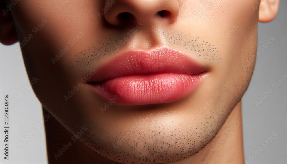 Obraz premium Close-up of human lips with natural skin texture, soft pink tone, and natural lighting on a plain background, highlighting details for cosmetic and artistic purposes.