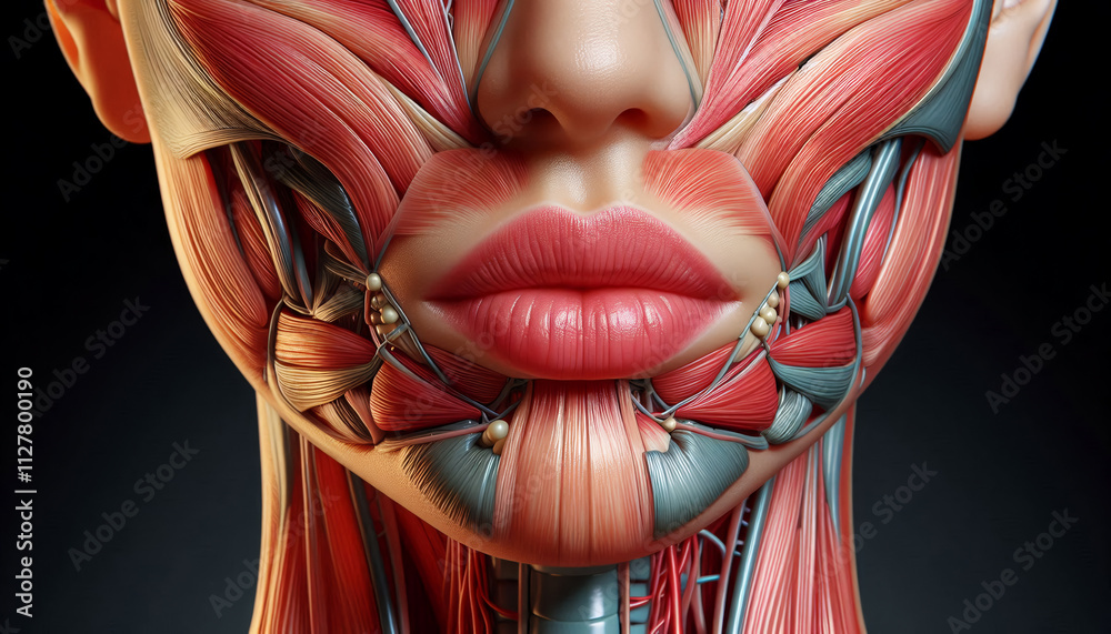 3D rendering of human lips with anatomical details, showing layers of skin, muscle, and nerves for medical and educational illustration. 3D rendering of human lips with anatomical details, showing layers of skin, muscle, and nerves for medical and educational illustration.