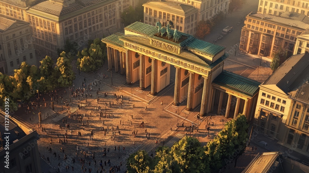 Fototapeta premium Brandenburg Gate, city square, people, sunlight, buildings.