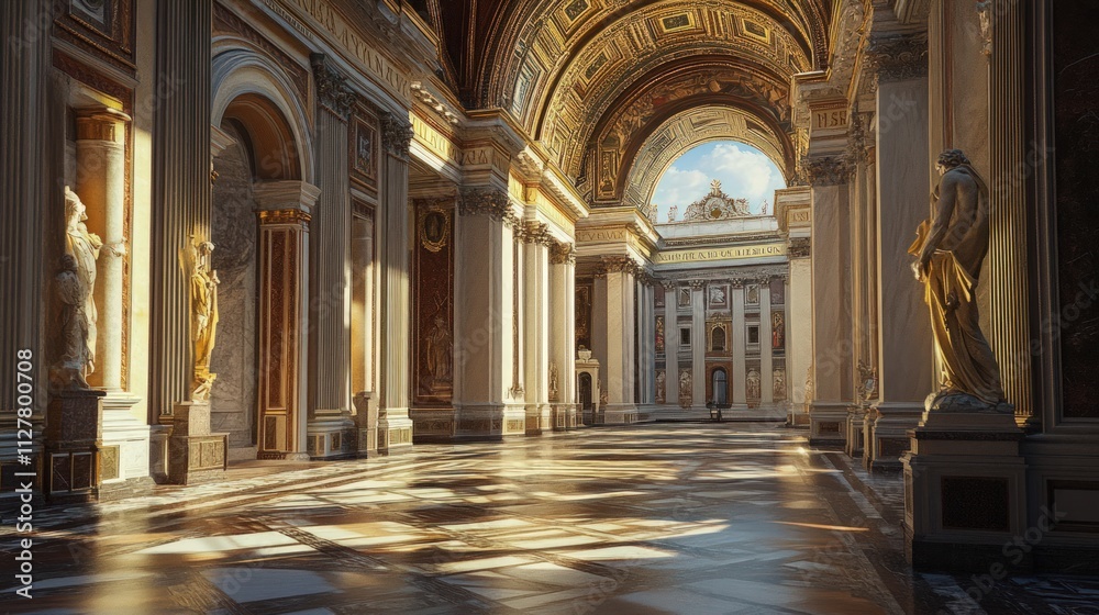 Fototapeta premium Sunlit classical hall, marble floor, statues, columns.