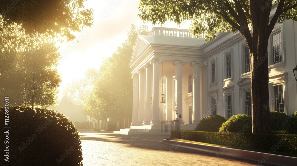 Fototapeta premium Sunlit neoclassical mansion, lush landscaping.