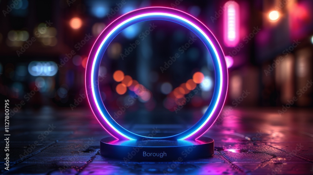 Neon circle light at night in city. Neon circle light at night in city.