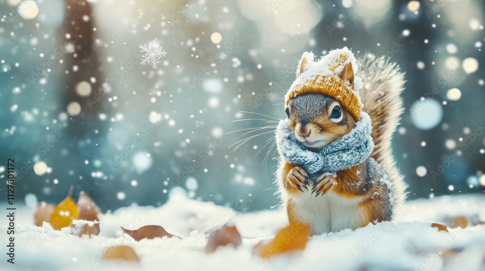 Squirrel in snow field. Winter theme background template for greeting card design. Squirrel in snow field. Winter theme background template for greeting card design.
