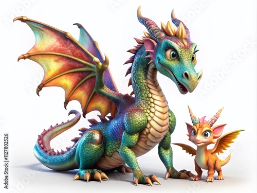 Majestic and Fierce Cartoon Dragon with Colorful Wings and Tail, a 3D Illustration of a Vibrant Baby Fairy Dragon on a White Background for Fantasy and Children's Art