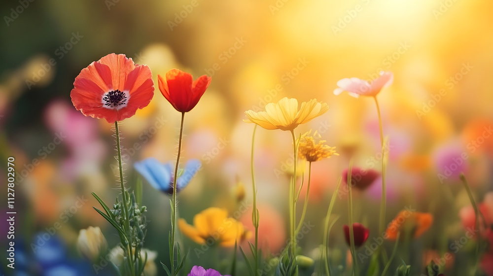 Close-up of colorful wildflowers with a blurred field in the background, highlighting a few prominent blooms Close-up of colorful wildflowers with a blurred field in the background, highlighting a few prominent blooms
