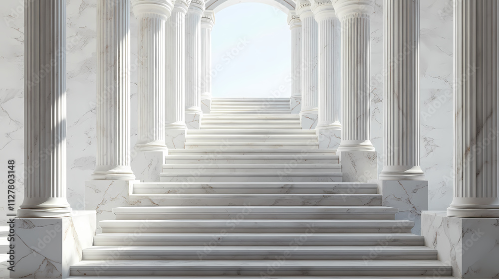 Obraz premium Interior marble stairs with pillars and columns in a palace, castle, or theater set against a white backdrop. 3d rendering. Marble. Illustration