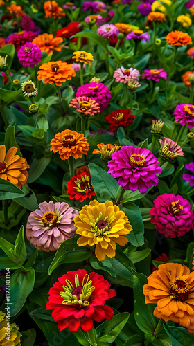 Burst of Colors: Lush and Vibrant Zinnia Flower Garden under the Clear Blue Sky