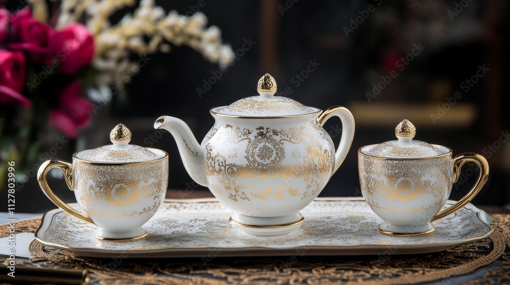Fototapeta premium Opulent Gold Tea Set with Delicate Patterns for Luxury Dining Experience