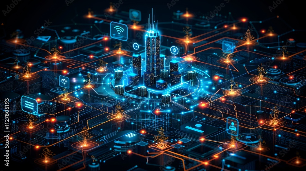 Smart city digital network, futuristic cityscape with glowing connections. Smart city digital network, futuristic cityscape with glowing connections.