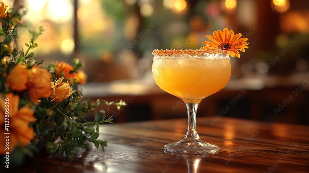 A classic lime margarita in an elegant glass, garnished with salt and beautiful flower. National Margarita Day A classic lime margarita in an elegant glass, garnished with salt and beautiful flower. National Margarita Day