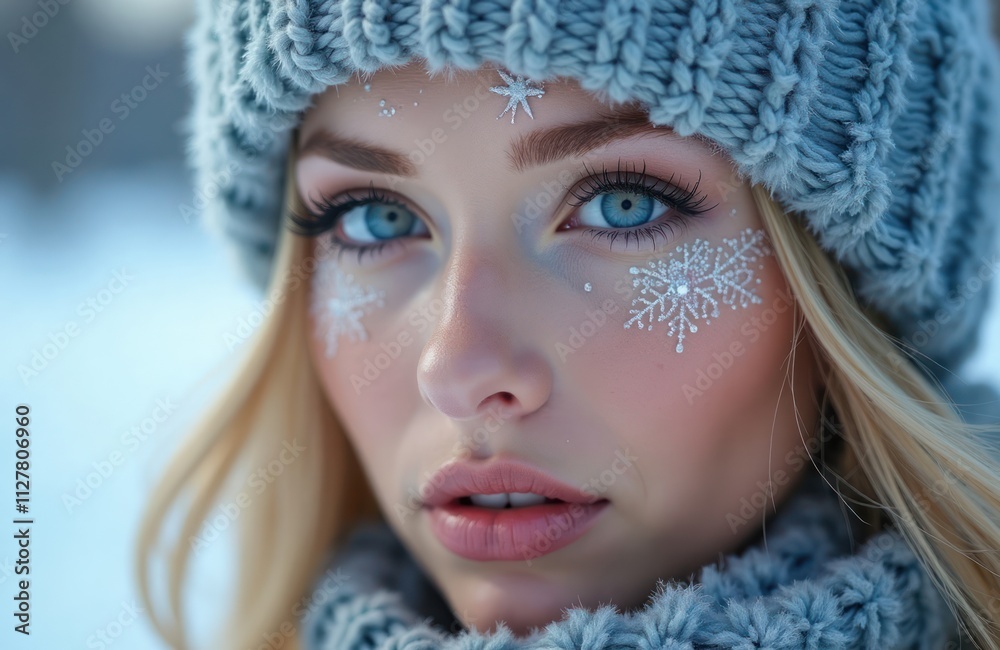 Beautiful woman poses outdoors in winter. Winter makeup with snowflake design on face. Fashionable style. Woman wearing warm knitted hat, scarf. Cold winter season. Photo for beauty magazine winter