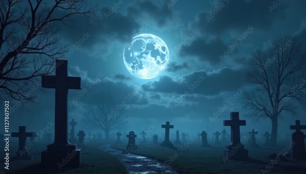 Misty graveyard under full blue moon. Ancient Gothic tombstones stand in eerie blue moonlight. Thick fog creates mysterious atmosphere in cemetery. Nighttime scene shows darkness and shadows. Misty graveyard under full blue moon. Ancient Gothic tombstones stand in eerie blue moonlight. Thick fog creates mysterious atmosphere in cemetery. Nighttime scene shows darkness and shadows.