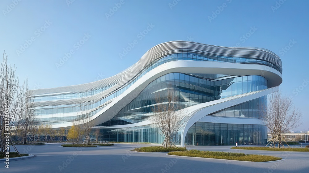 Obraz premium Futuristic hospital with curved glass architecture, photographed under a clear blue sky