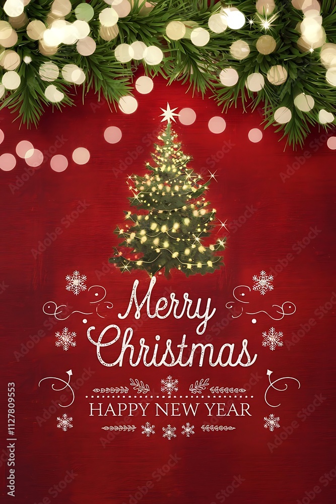 Christmas background with xmas tree and sparkle bokeh lights on red canvas background. Merry christmas card. Winter holiday theme. Happy New Year. Space for text Christmas background with xmas tree and sparkle bokeh lights on red canvas background. Merry christmas card. Winter holiday theme. Happy New Year. Space for text