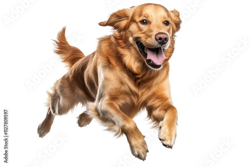 Golden retriever dog running and jumping happily on transparent background- isolated PNG image of playful golden retriever in mid-air- ideal for pet-themed designs- joyful canine actions- and dynamic