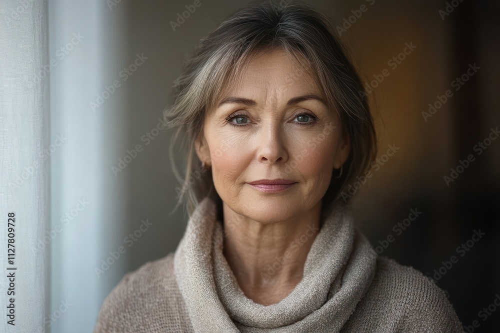 Portrait of Middle-Aged Woman in Minimalist Home Setting Natural Light Close Up Portrait of Middle-Aged Woman in Minimalist Home Setting Natural Light Close Up