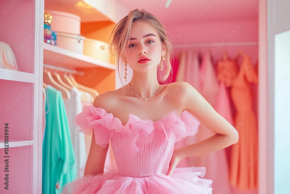 A girl in a bubblegum pink dress posing in her pastel-themed walk-in closet filled with vibrant clothes and accessories A girl in a bubblegum pink dress posing in her pastel-themed walk-in closet filled with vibrant clothes and accessories