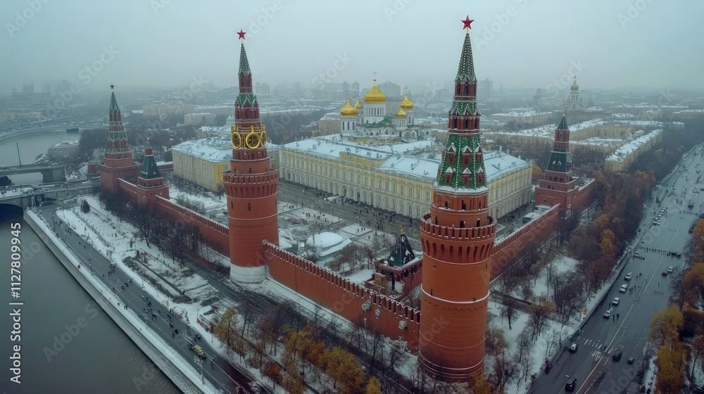 Moscow Kremlin, winter aerial view, snow, red towers. Moscow Kremlin, winter aerial view, snow, red towers.
