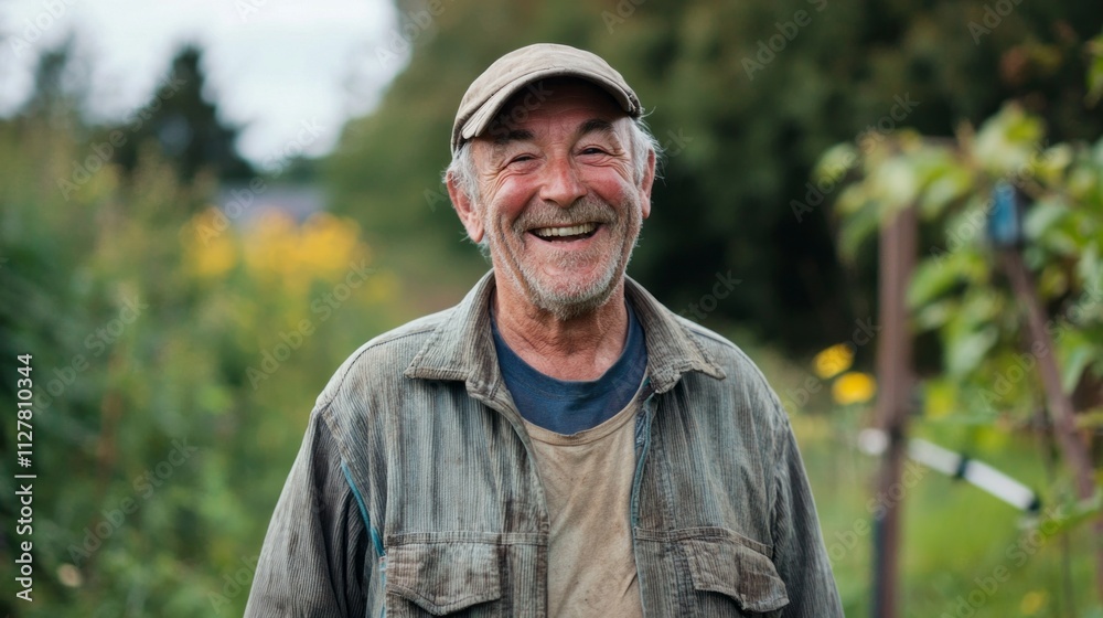A cheerful senior man stands smiling amidst a lush garden, surrounded by blooming flowers. His warm expression reflects a life well-lived and appreciation for nature's beauty