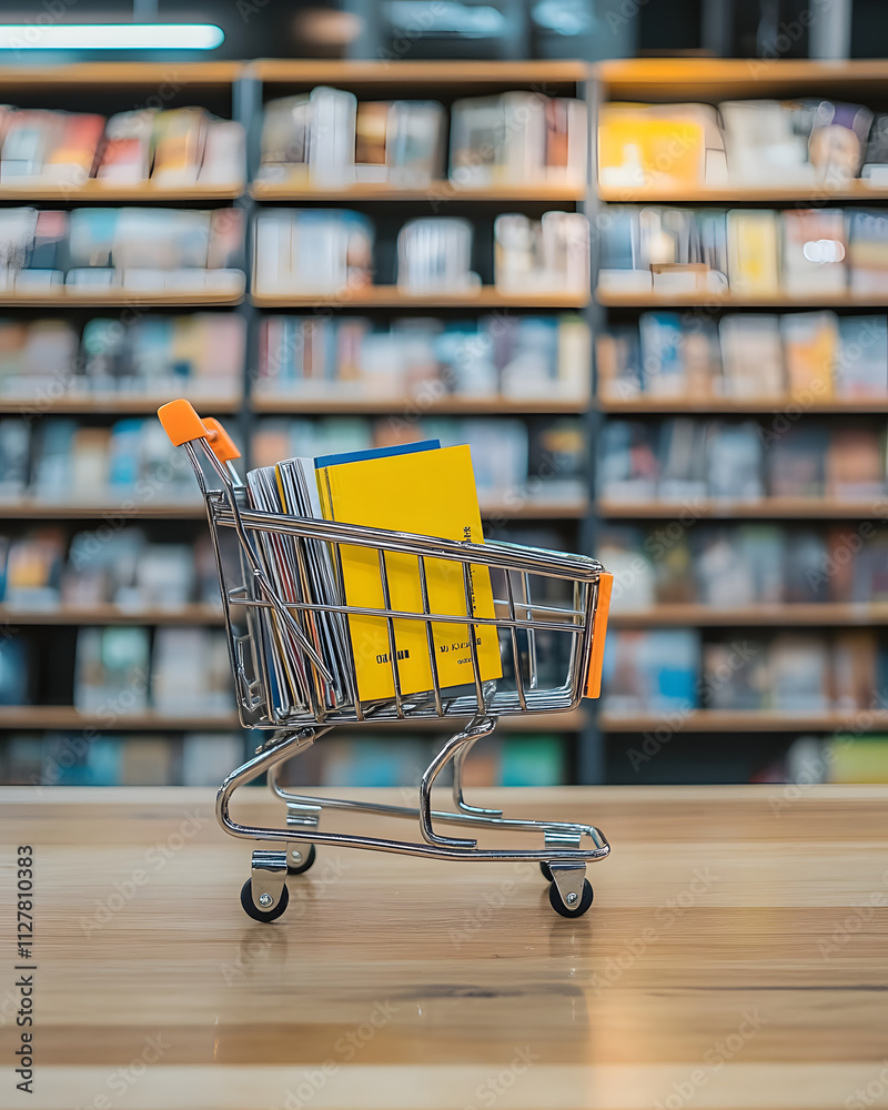 A shopping cart with books in a library setting, emphasizing reading and knowledge acquisition. A shopping cart with books in a library setting, emphasizing reading and knowledge acquisition.