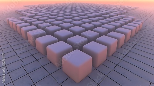 Abstract 3D rendering of numerous light-purple cubes arranged in a grid pattern on a tiled surface, under a soft sunset sky.