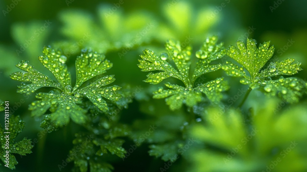 Dewdrops Adorn Lush Green Parsley Leaves Dewdrops Adorn Lush Green Parsley Leaves