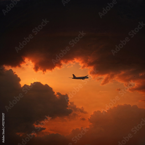 An airplane is flying through a dramatic sky with a mix of dark clouds and bright orange hues from the sunset.