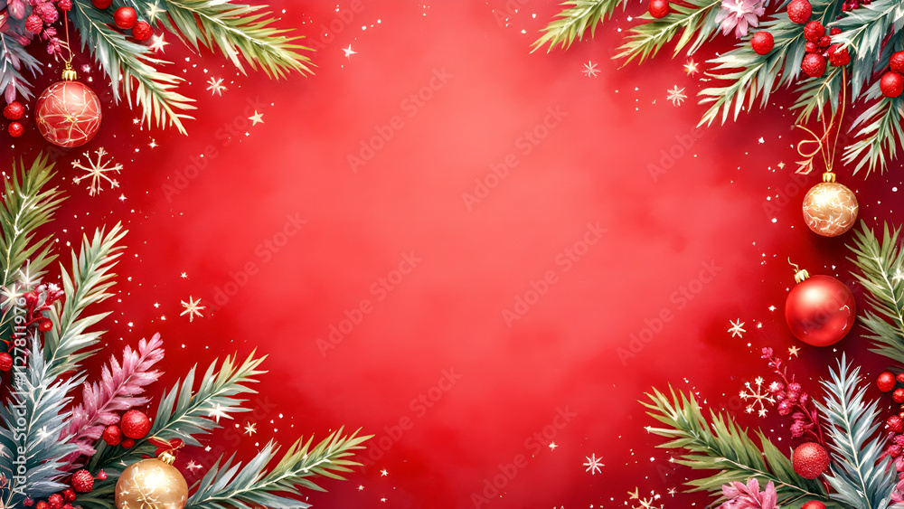 Fototapeta premium Christmas red watercolor background decorated with fir branches and glitter stars, snowflakes, christmas balls.