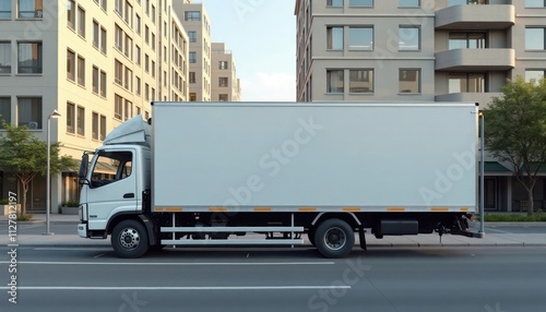 White commercial truck parked on city street. Empty mockup banner on truck side. Urban street scene with buildings. Transportation, logistics theme. Ideal for commercial marketing designs,