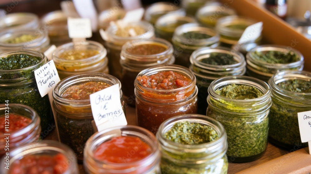 Homemade condiments like fresh pesto, hummus, and spicy tomato salsa in small glass jars with handwritten labels Homemade condiments like fresh pesto, hummus, and spicy tomato salsa in small glass jars with handwritten labels