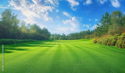 Serene Golf Course Landscape with Green Grass Trees and Blue Sky on a Sunny Day