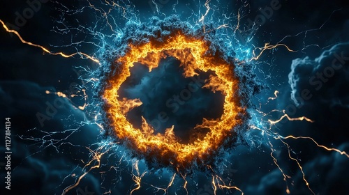 A vibrant explosion of fiery orange and electric blue creates a dynamic circular pattern against a dark background.