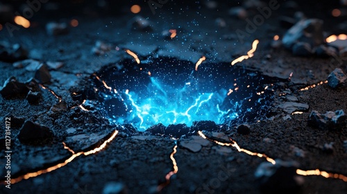 A glowing blue energy surge emerges from a cracked surface, surrounded by fragments, creating a dramatic and dynamic visual effect.
