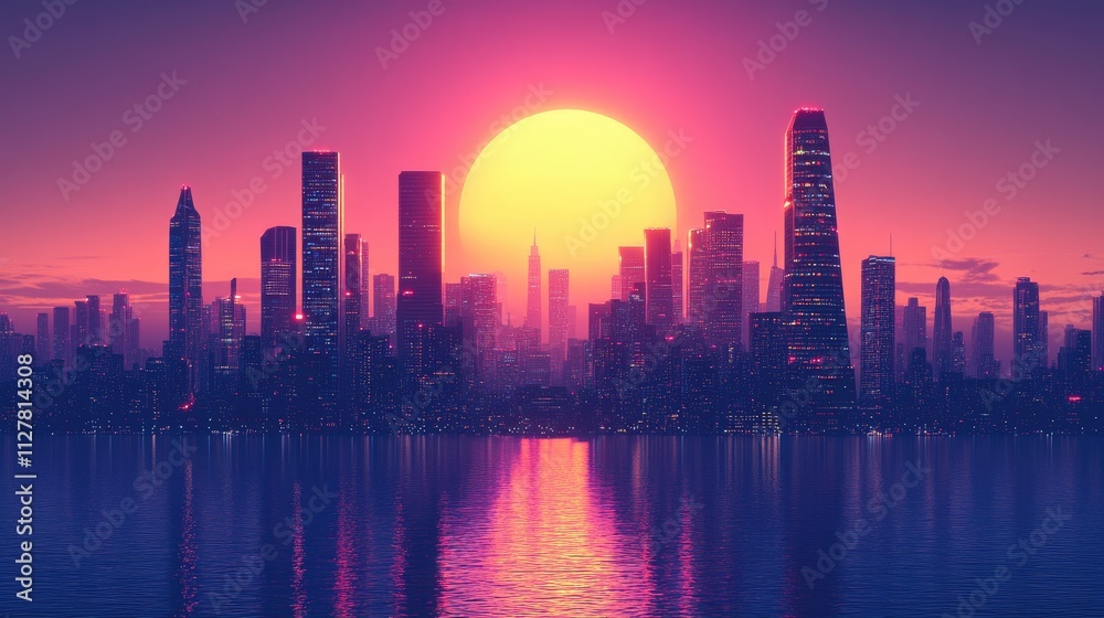 Fototapeta premium A vibrant city skyline at sunset, reflecting colorful hues on water.