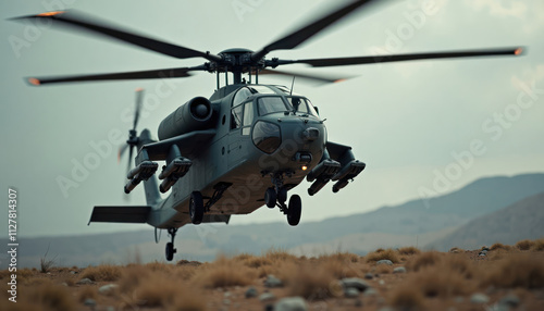 Military helicopter gunship flies low over rugged terrain. Weapon system, armament visible. Combat action ready. Helicopter hovering over dry landscape. Modern military equipment. Prepared for