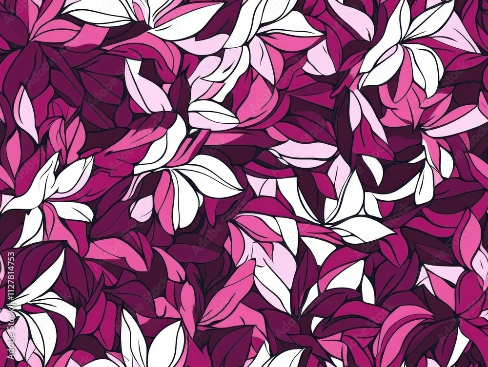 A vibrant pattern of pink and white leaves on a dark background, creating a lively and decorative floral design. A vibrant pattern of pink and white leaves on a dark background, creating a lively and decorative floral design.