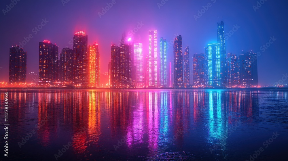 Obraz premium A vibrant city skyline illuminated by neon lights reflecting on water at night.