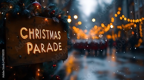 Sign that reads “CHRISTMAS PARADE” - STREET - CITY - HOLIDAY - FLOATS - BANDS - FESTIVE 